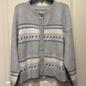 Aerie Fair Isle Knit Cardigan Sweater Light Gray Blue White XL Button Up